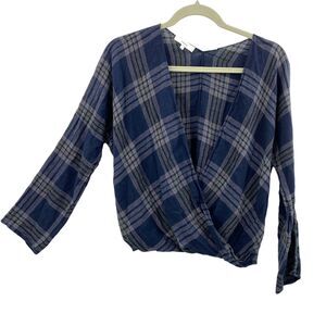 Vince Women Faux Wrap Top Blue Plaid Gauze Flannel size Small